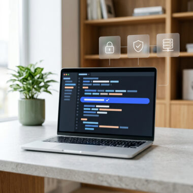 Laptop mit Code-Editor auf einem hellen Schreibtisch, darüber Symbole für Schloss, Schild und Server.